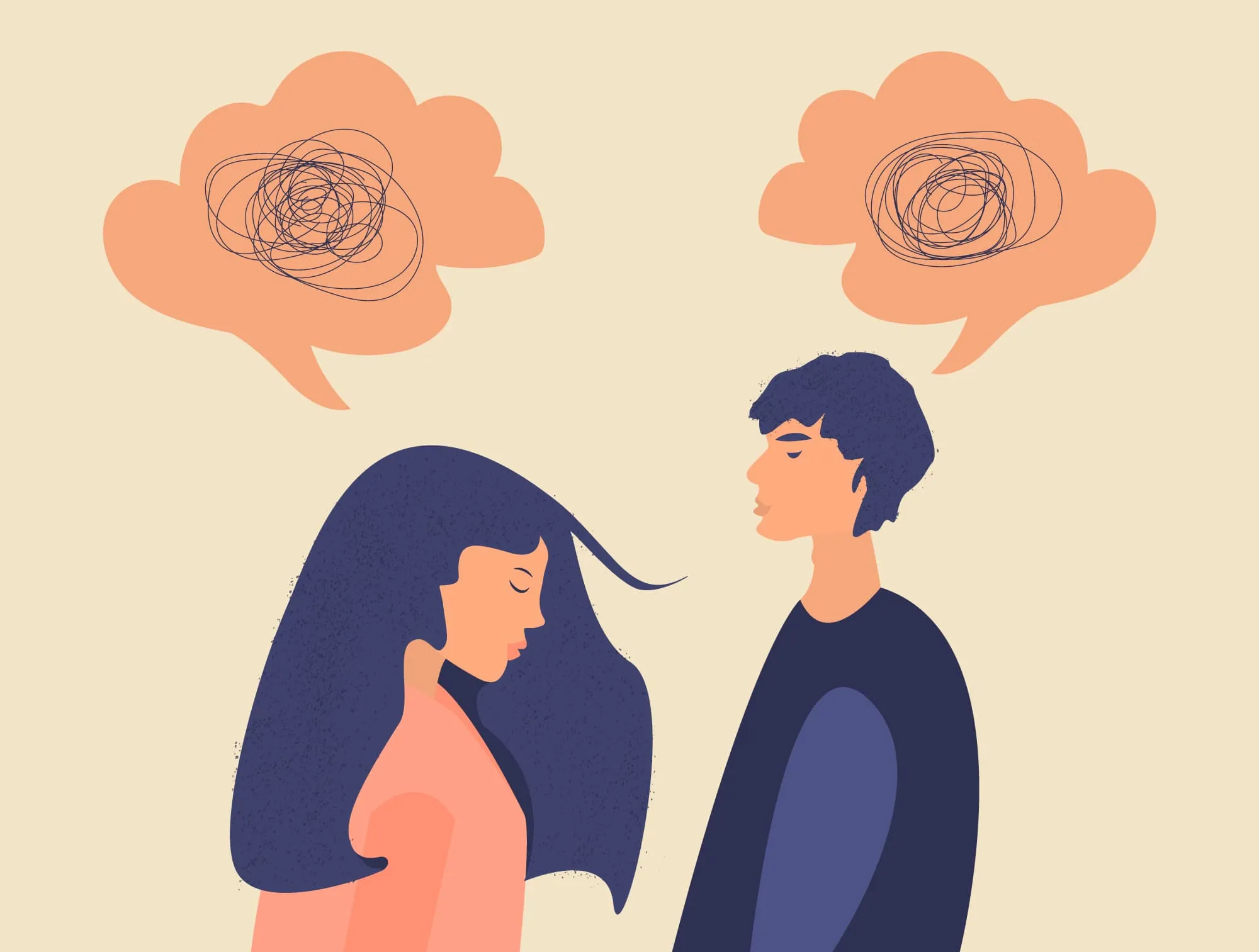Illustration eines Paares mit Gedankenblasen